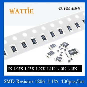 SMD Rezistora 1206 1% 1K 1.02 K 1.05 K 1.07 K 1.1 K 1.13 K 1.15 K 100KS/veľa čip odpory 1/4W 3,2 mm*1,6 mm