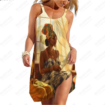 Street Fashion Šaty Letné Bežné Pohodlné Šaty Africkej Ženy 3D Tlačené Šaty Pravidelné Kolo Krku bez Rukávov Šaty