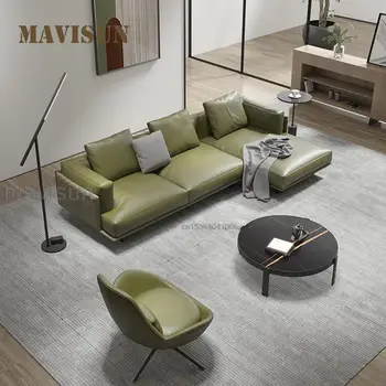 Taliansky Prvá Vrstva Kožený Retro Zelená Pohovka, Gauč Obývacia Izba Veľkosť Byt Minimalistický Nábytok High-end Sectional Sofa