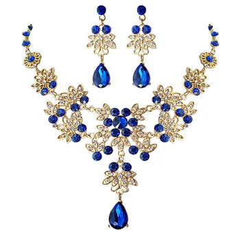 TREAZY Zlatá Farba Kráľovská Modrá Crystal Svadobné Šperky Set Kvetinové Kúzlo Waterdrop Náhrdelníky Náušnice pre Ženy, Svadobné Šperky Sady