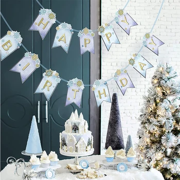 V zime Mrazené Happy Birthday Banner Dekorácie Snowflake Garland Bodky Streamer pre Divov Vianočný Večierok Baby Sprcha