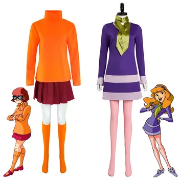 Velma Cosplay Orange Top Sukne, Ponožky Halloween Kostým Daphne Cosplay Daphne Fialové Šaty Halloween Kostýmy pre Ženy Parochňu