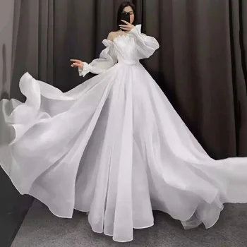 Vestidos de Noiva Branco Elegantné Biele Svadobné Šaty 2024 Skladaný Organza Svadobné Šaty Lístkového Dlhý Rukáv Nevesta Šaty Čipky