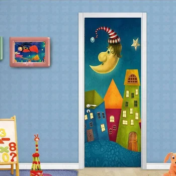 Vlastné 3d animovaný Moderné Scenérie Dvere Nálepky samolepiace Stenu Papiere Pvc, Spálne, Obývacia Izba Domova Nepremokavé nástenná maľba