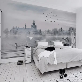 Vlastné 3D Fotografie Európskej Budovy Swan Hmla Jazero Tapety pre Spálne, Obývacia Izba Gauč TV Pozadí Nástenné Maľby Domova