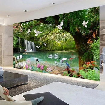Vlastné 3D Nástenné Maľby Hd Žeriav Vodopád Lotus Sen Lesa Tapety Obývacia Izba, Spálňa Štúdia Pozadí Domova Tapety