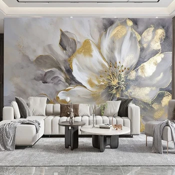 Vlastné 3D nástennú maľbu Moderné Svetlo Luxusné Gold Leaf Kvety Tapety Obývacia Izba Gauč TV Spálňa Domova 3D Samolepky na Stenu