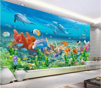 Vlastné nástenné fotografie, 3d stenu papier obrázok Dolphin rýb, koralov obývacia izba dekor maľovanie 3d nástenné maľby, tapety na stenu 3 d