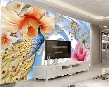 Vlastné tapetu atmosféru módnych 3D troch-dimenzionální most Jade sochu Páva kvet obývacia izba TV joj nástennú maľbu