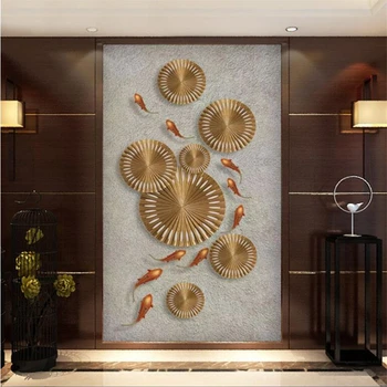 Vlastné tapetu nová Čínska abstraktné 3D reliéf reliéf lotus list deviatich ryby verandu dekoratívne maľby abstraktných de parede фотообои
