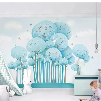 wellyu Vlastnú tapetu abstraktných de parede Modrá roztomilý kreslený lesa králik vták detskej izby pozadí nástenné maľby