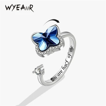 WYEAIIR IN Blue Crystal Motýľ Otočná Znížiť Tlak 925 Sterling Silver Resizable Otvorenie Krúžku Pre Ženy, Luxusné Šperky