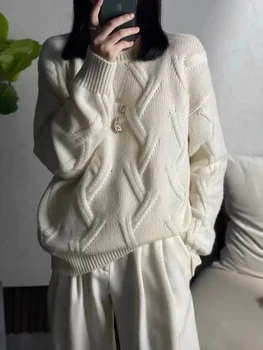 Zahraničné štýl kolo krku twist vzor hrubé voľné cashmere sveter pre ženy lenivý zrastov vlna base jeseň a v zime sveter