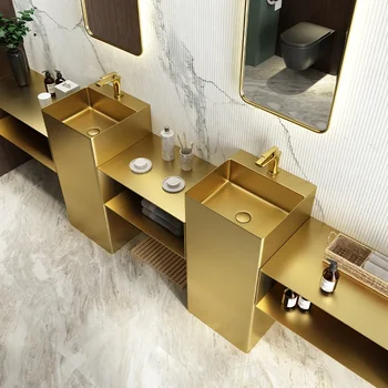 Zlato nerezové umývadlo integrované podlahy až k stropu, umývadlo, pilier style umývadlo v rodine hotely