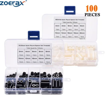 ZoeRax 100ks M3 Nylon Kolo ABS Metrika Dištančné Izolačné Plastové Prázdnemu Nie Závitom pre Skrutky Sortiment Kit Set Black&White