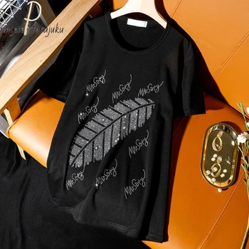 Ženy Drahokamu Black Lete Tlač Lady T-shirts Vrchole Letné T Shirt Ladies Dámske Bling Graphic Tee Žena Y2k T-shirt 2021