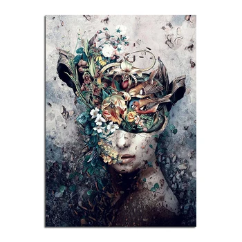 Ženy s Kvet, Vták Maska Maľovanie Abstraktné Dievča Wall Art Plátno, Vytlačí Plagát, Obraz pre Obývacia Izba Domova Cuadros