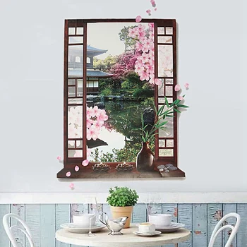 2X 3D Okne Sakura Peach Blossom Flower Art Stenu, Nálepky Vymeniteľné Odtlačkový nástenná maľba 2X 3D Okne Sakura Peach Blossom Flower Art Stenu, Nálepky Vymeniteľné Odtlačkový nástenná maľba 5